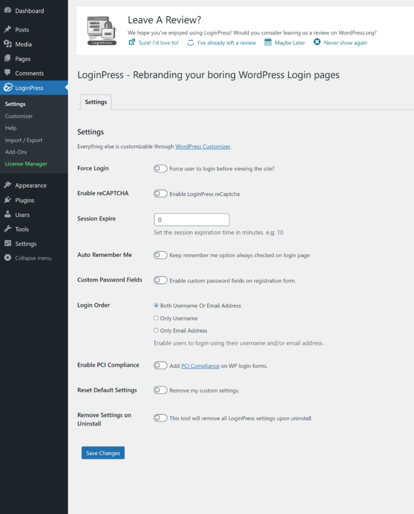 loginpress settings