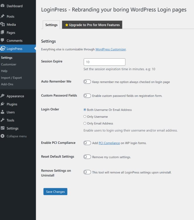 loginpress settings