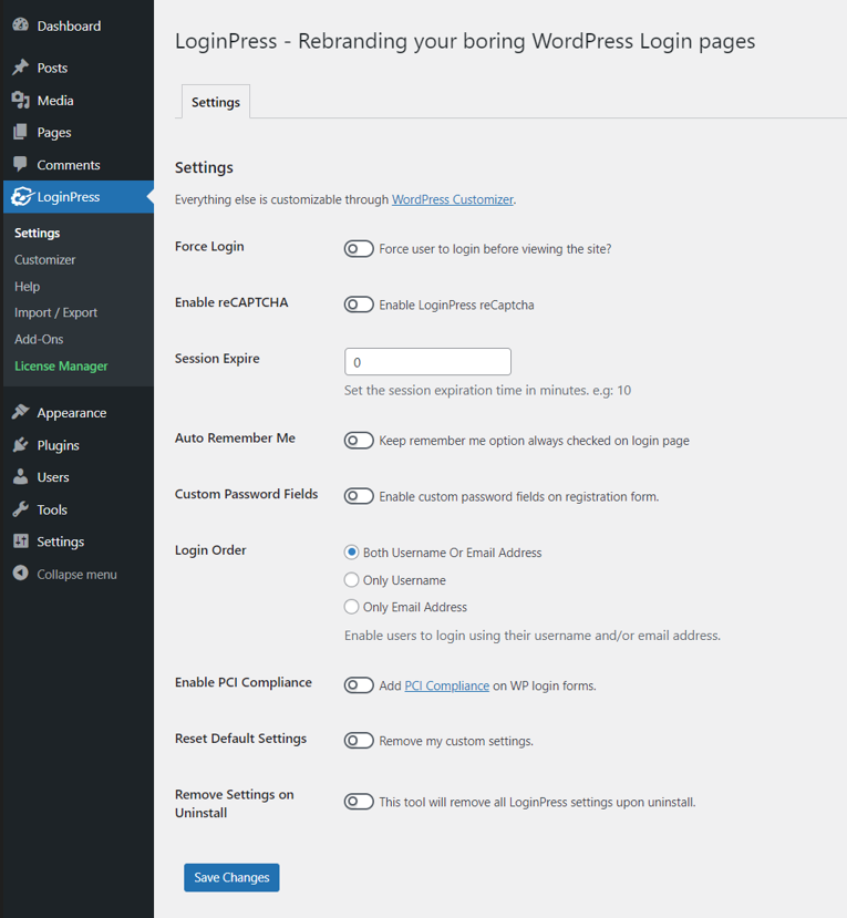 loginpress settings screen