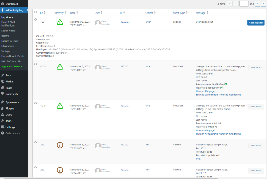 wp activity log screen