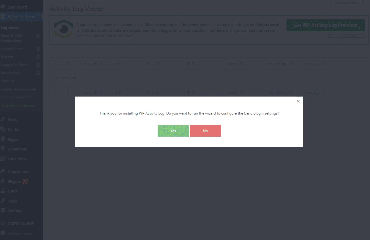 wp activity log setup wizard