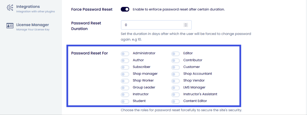 Set password reset for chosen roles 