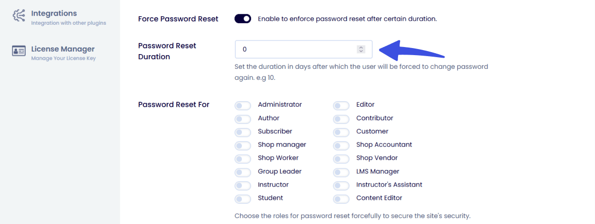 Set password reset duration option
