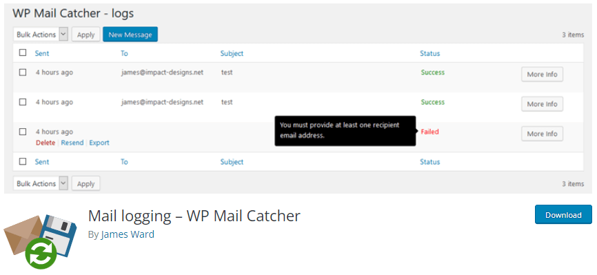 wp mail catcher - logs screen