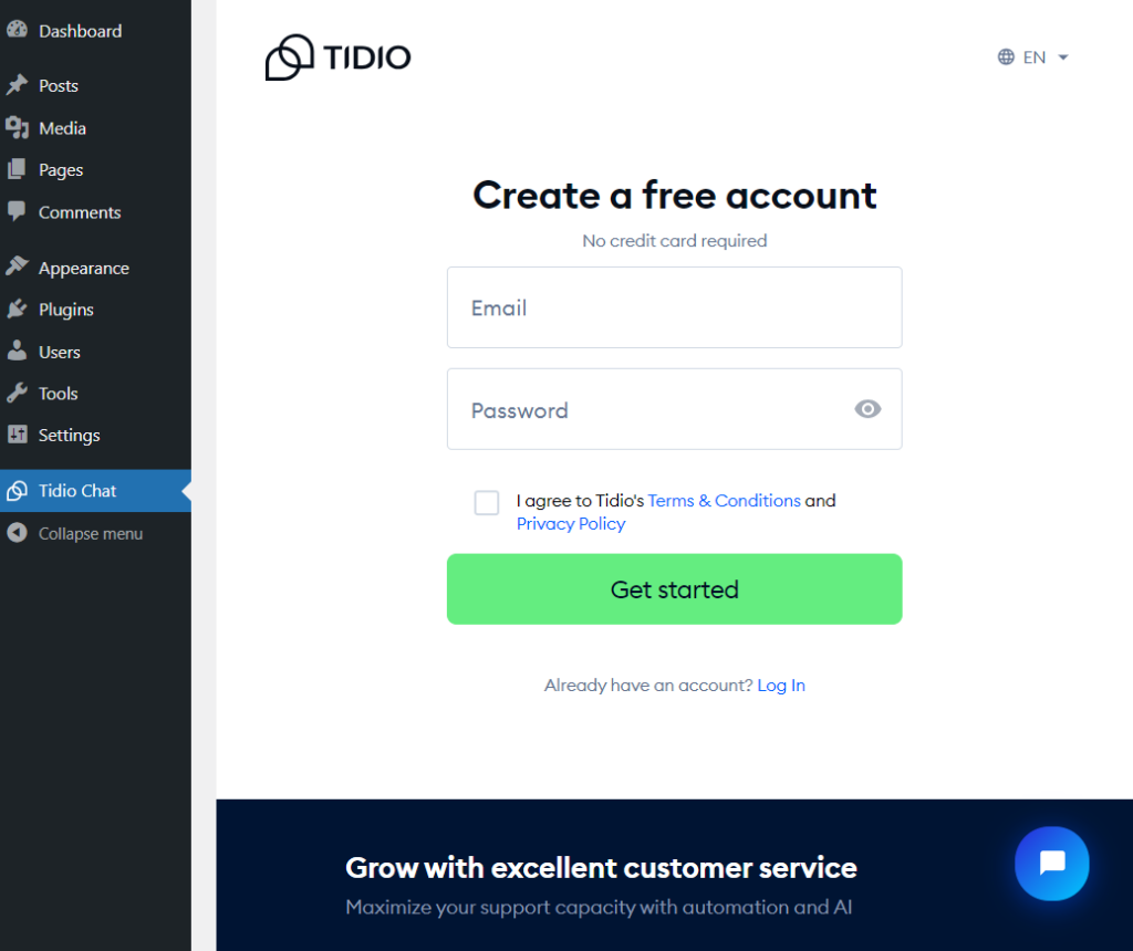 tidio create account screen