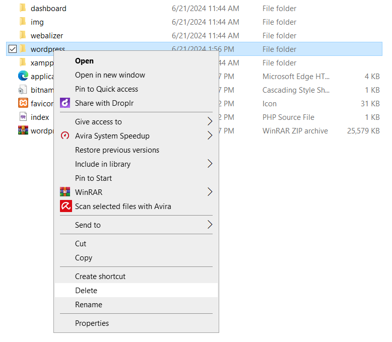 delete wordpress folder