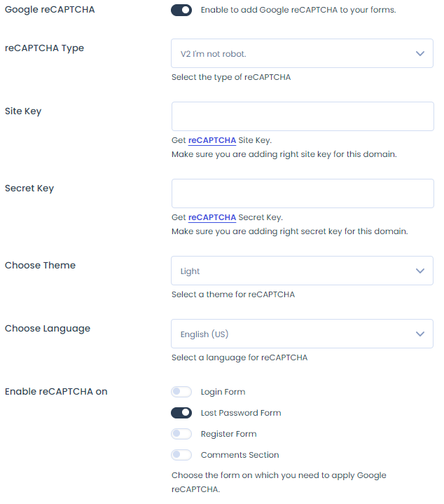 enable recaptcha for lost password form