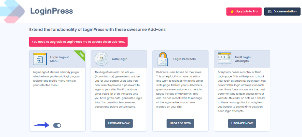 loginpress addons screen