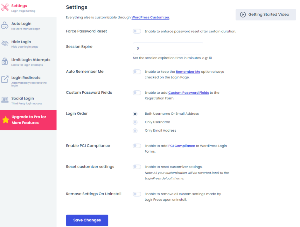 loginprss settings screen