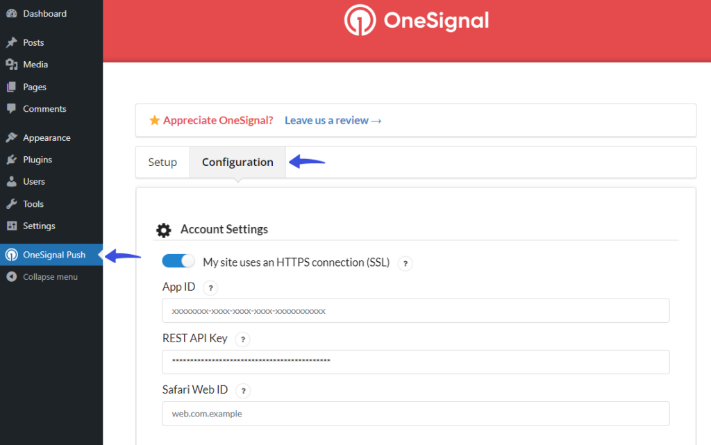 onesignal configuratino screen