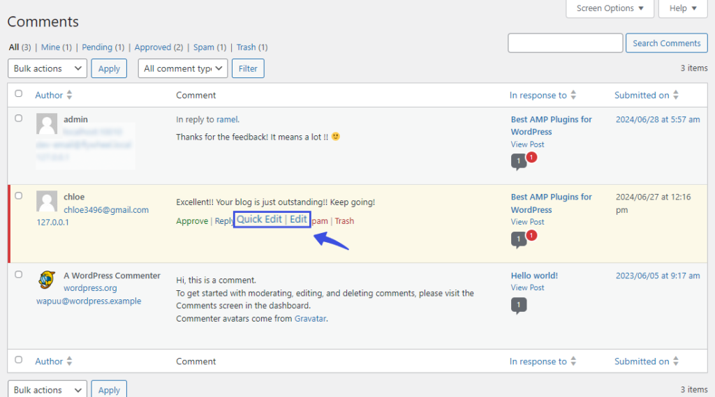 quick edit wordpress comments