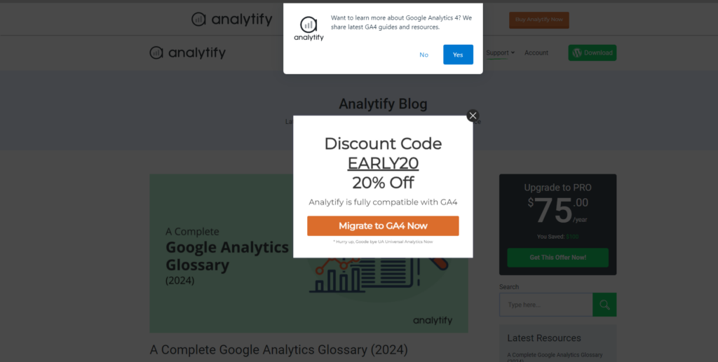 WordPress popup examples on analytify website 