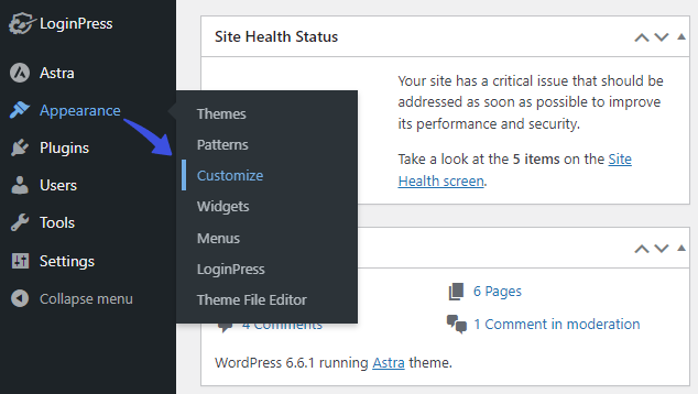 Appearance Menu Selection in WordPress