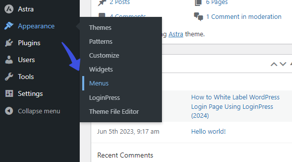 appearance menus option in WordPress dashboard