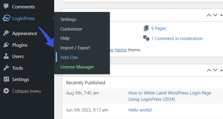 Addons option from LoginPress menu in WordPress dashboard