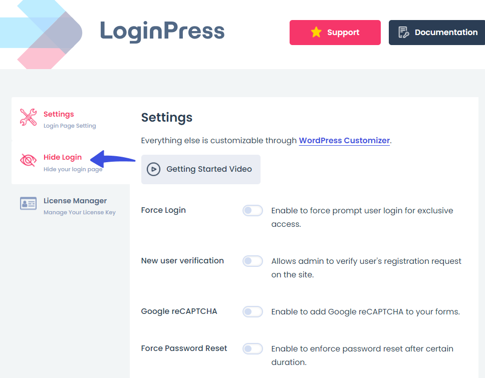 LoginPress hide login addon settings 