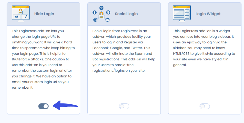 enable the hide login addon in LoginPress