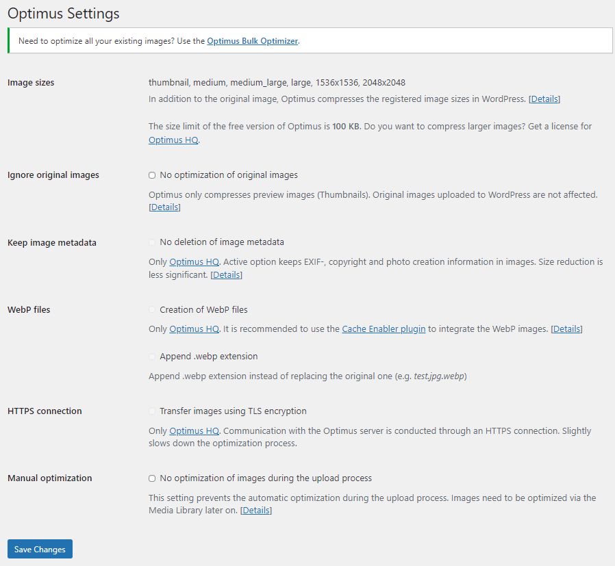 optimus settings screen 