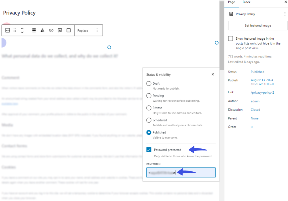 select password protected option to hide WordPress page