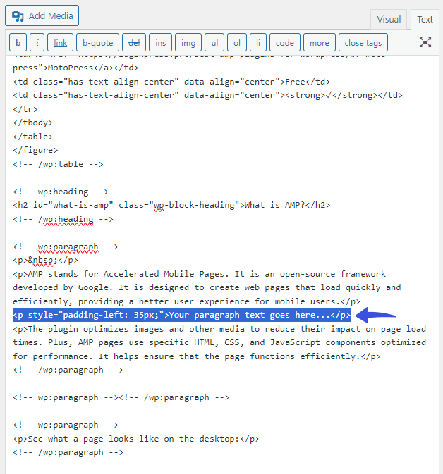 HTML code pasted to indent in WordPress