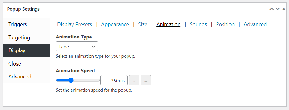 animation settings in popup settings screen
