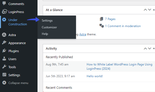 UCMM settings option in WordPress dashboard 