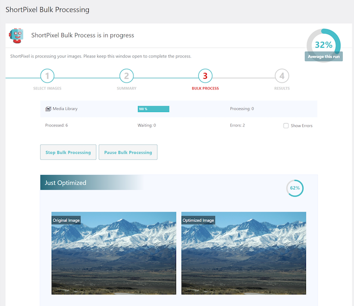 shortpixel bulk processing feature screen