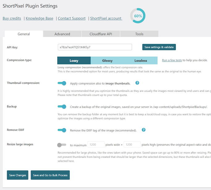 shortpixel plugin settings screen 