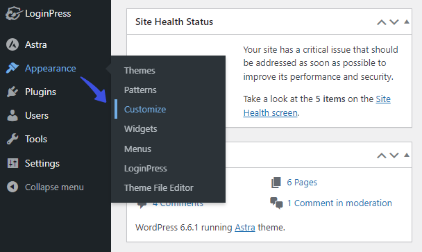 Appearnace Menu in WordPress Sidebar