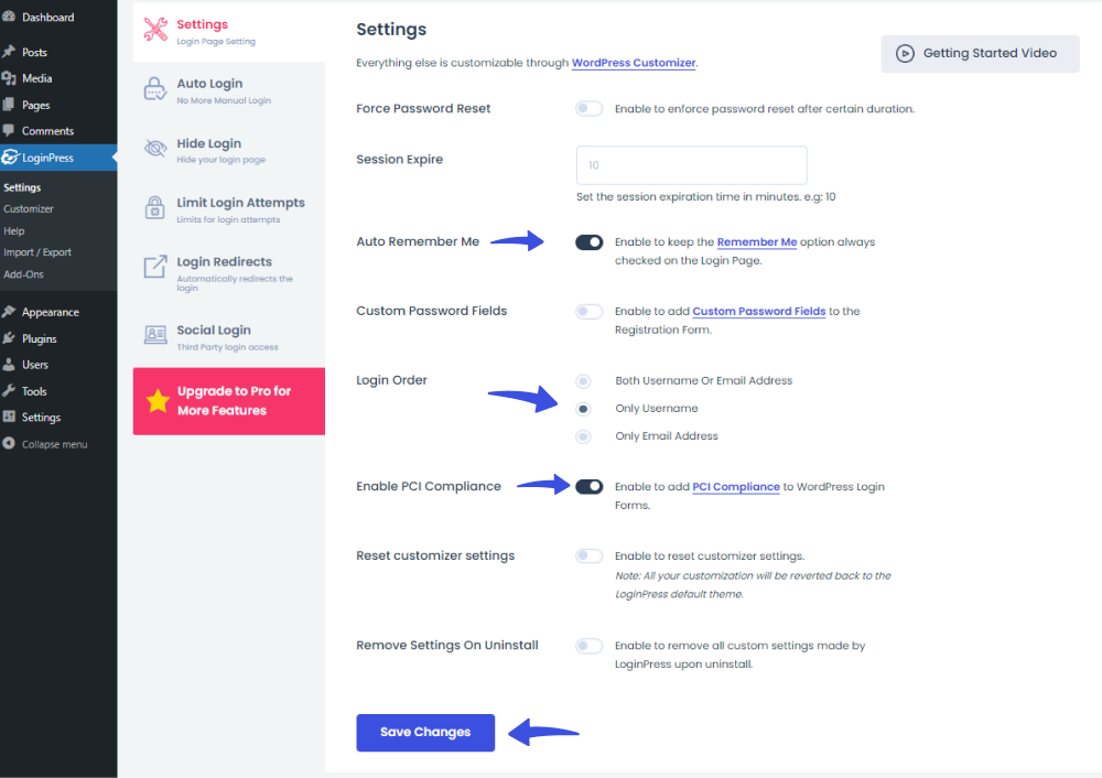 LoginPress Settings Screen