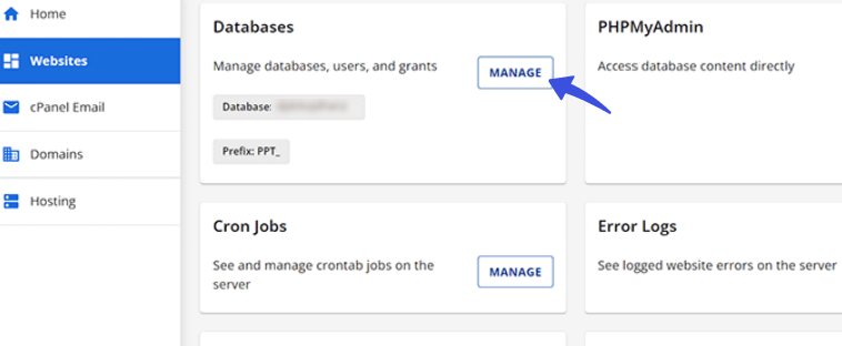 Manage Button within Databases Section - Error establishing a database connection