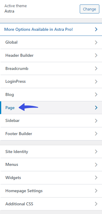 Page Option in Astra Customizer Section