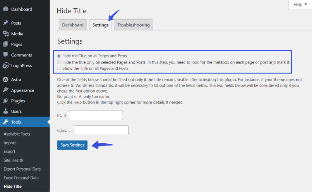 Settings Tab with Hide Title Plugin