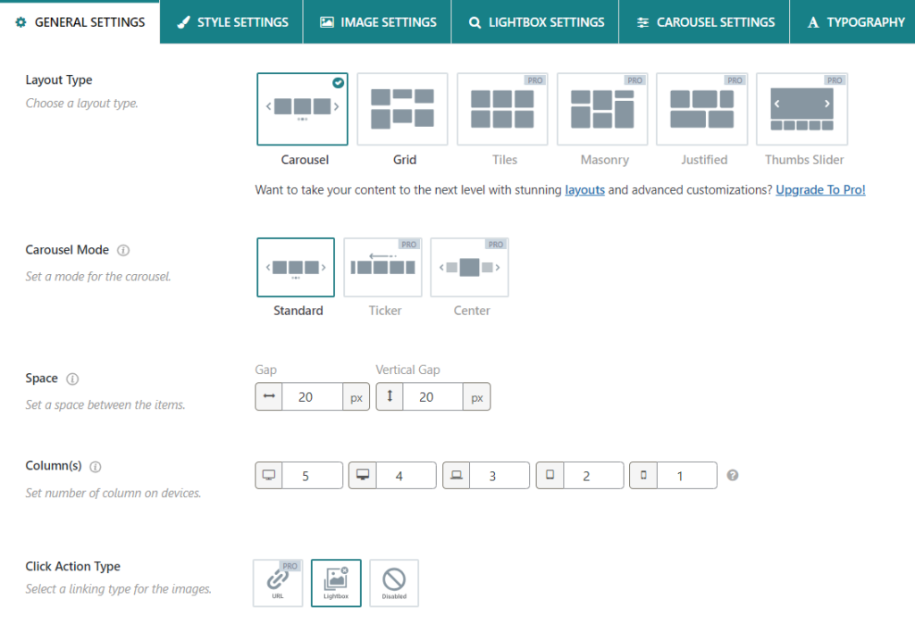 WP Carousel General Settings - WordPress Image Slider