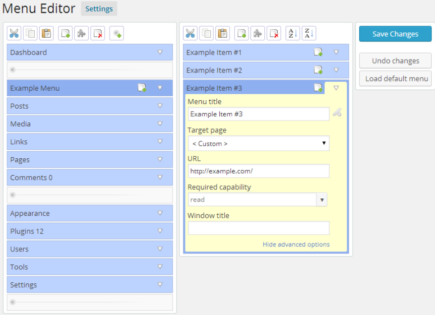 Admin Menu Editor Settings Screen