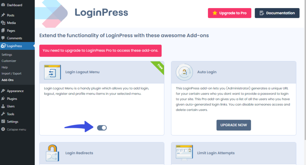 Enable Login Logout Menu Add-on