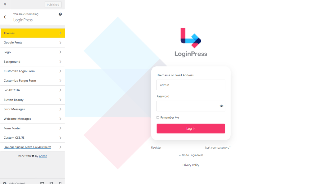 LoginPress Customizer Screen