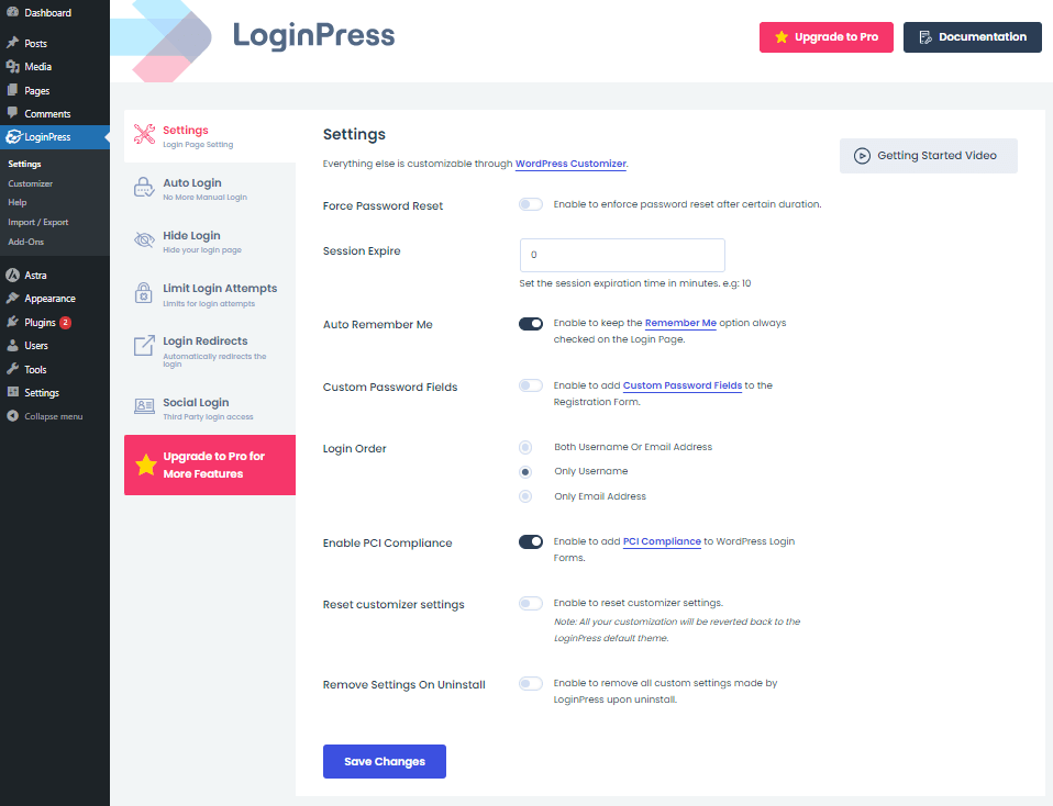 LoginPress Settings Screen