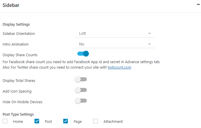 Simple Social Media Plugin Sidebar Screen