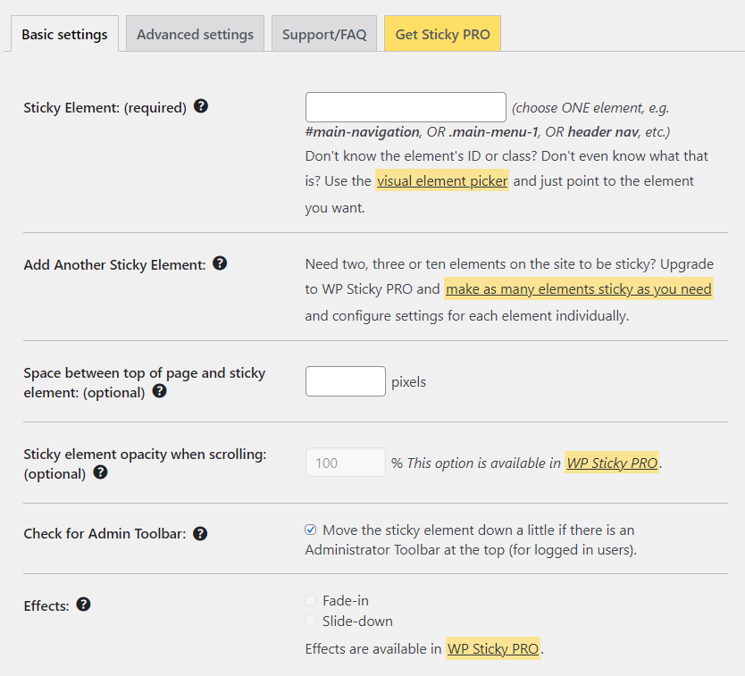 WP Sticky Menu & Sticky Header Basic Settings Screen