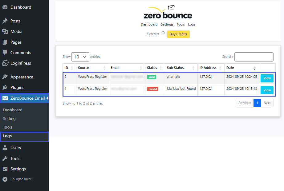 ZeroBounce Log Screen