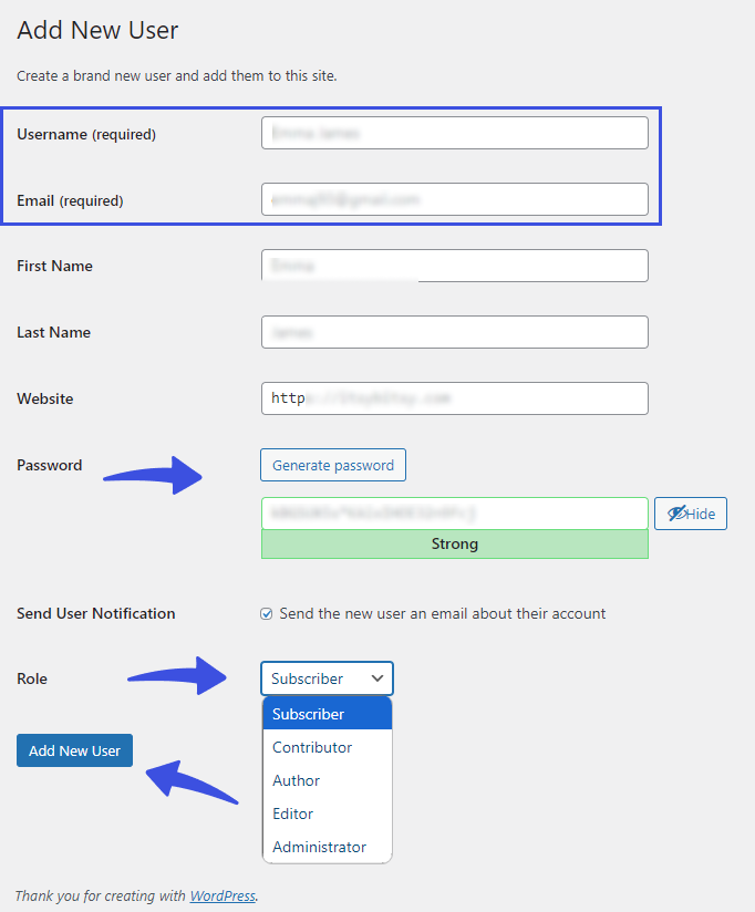 Create a New User - WordPress User Roles