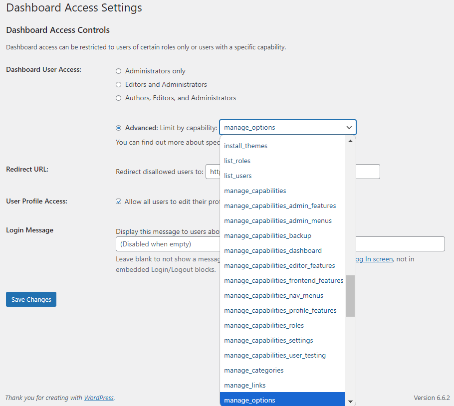 Dashboard Access Settings - User Role Editor WordPress Plugin
