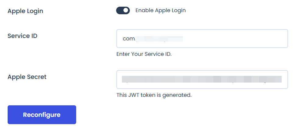 Apple Social Login Settings