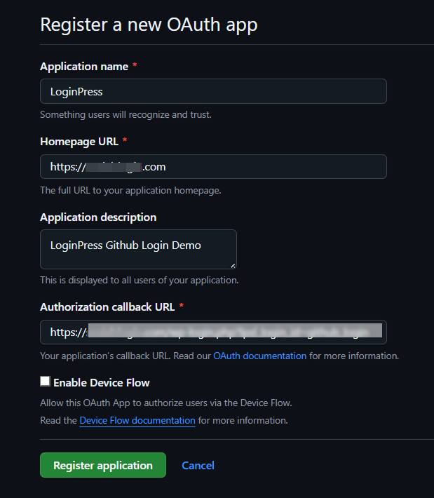 GitHub OAuth App Registration Settings