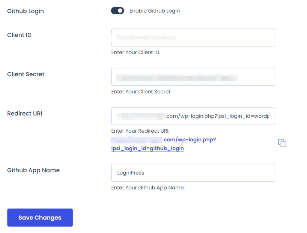 GitHub Social Login Settings in LoginPress