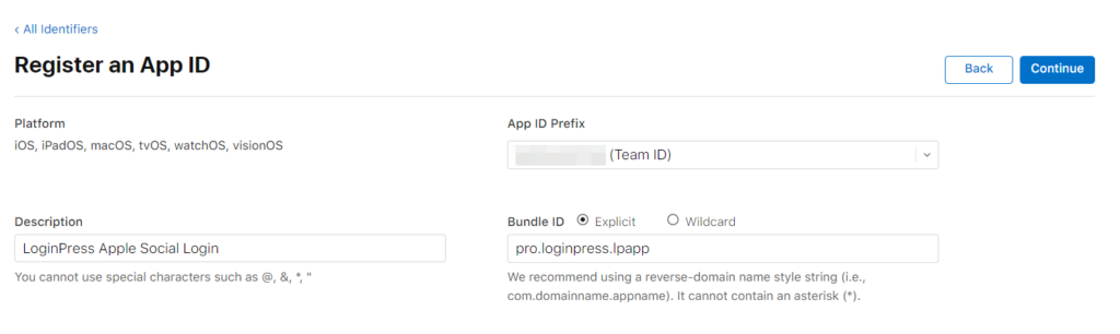 New App ID Settings