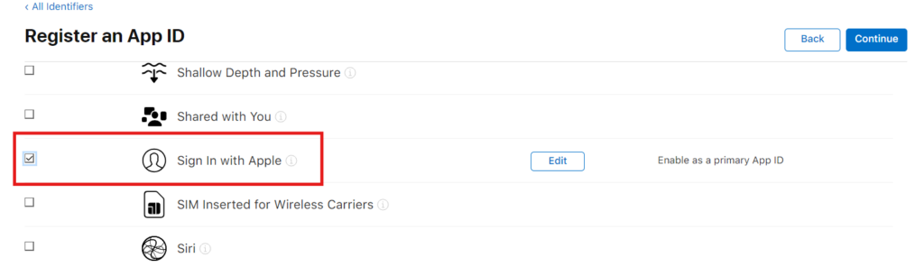 Sign in with Apple under capabilities section