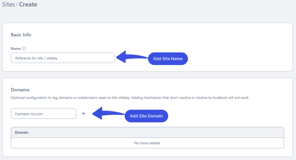 Add Site and Domain Name for hCaptcha