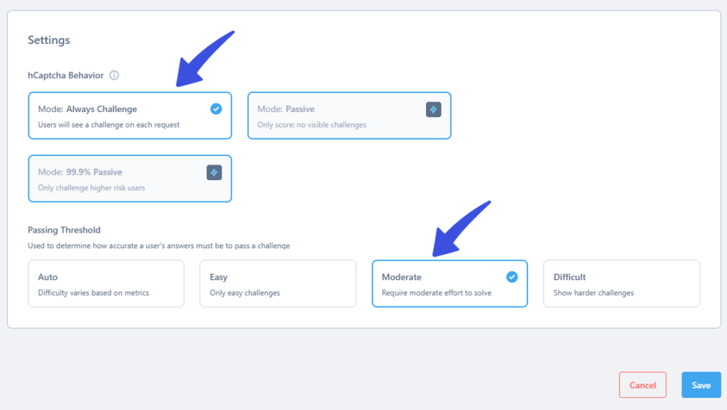 hCaptcha behavior and threshold settings